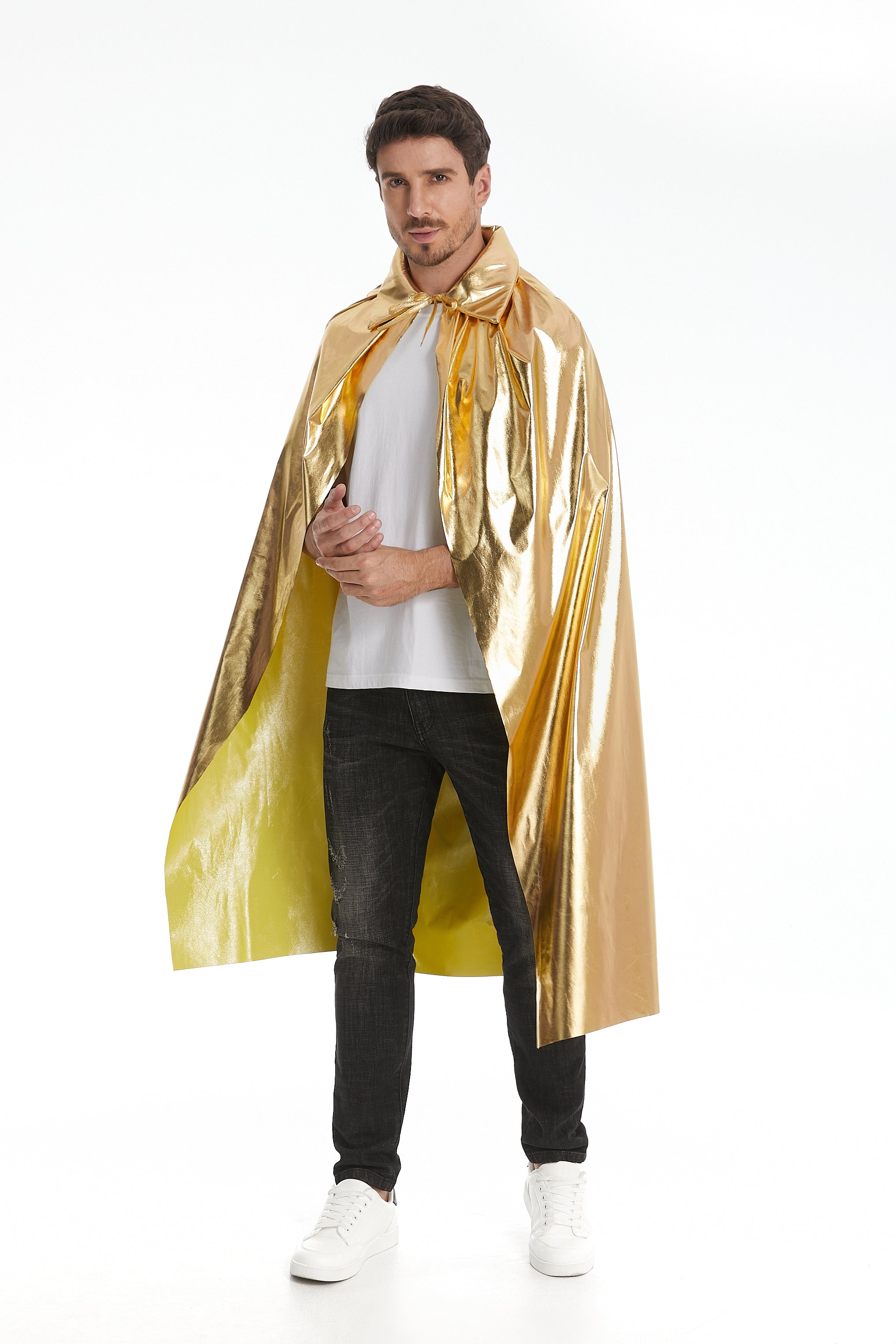 Custom Metallic Stand‑Up Collar Gold Cape With Neck Tie‑Strap 115‑155CM Shiny Cosplay Cloak For Men Warrior Royal Halloween Costume