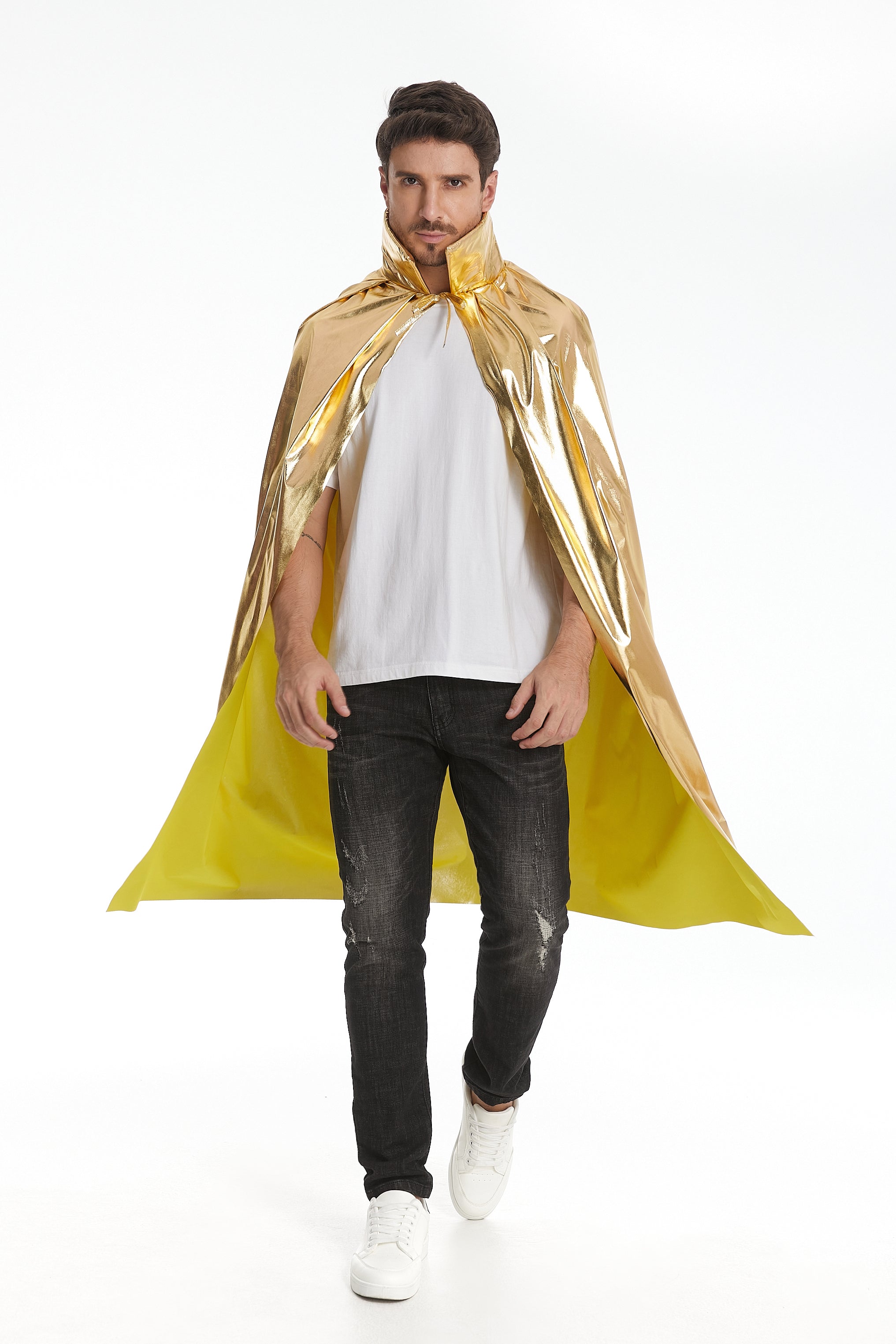 Custom Metallic Stand‑Up Collar Gold Cape With Neck Tie‑Strap 115‑155CM Shiny Cosplay Cloak For Men Warrior Royal Halloween Costume