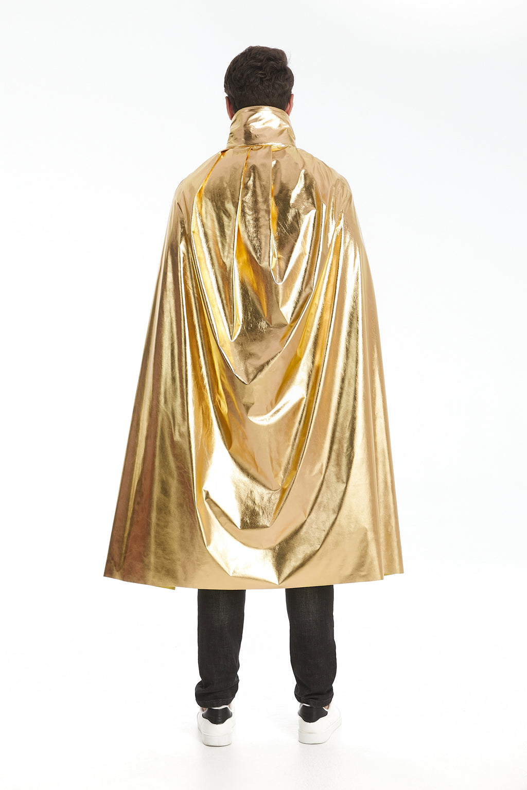Custom Metallic Stand‑Up Collar Gold Cape With Neck Tie‑Strap 115‑155CM Shiny Cosplay Cloak For Men Warrior Royal Halloween Costume