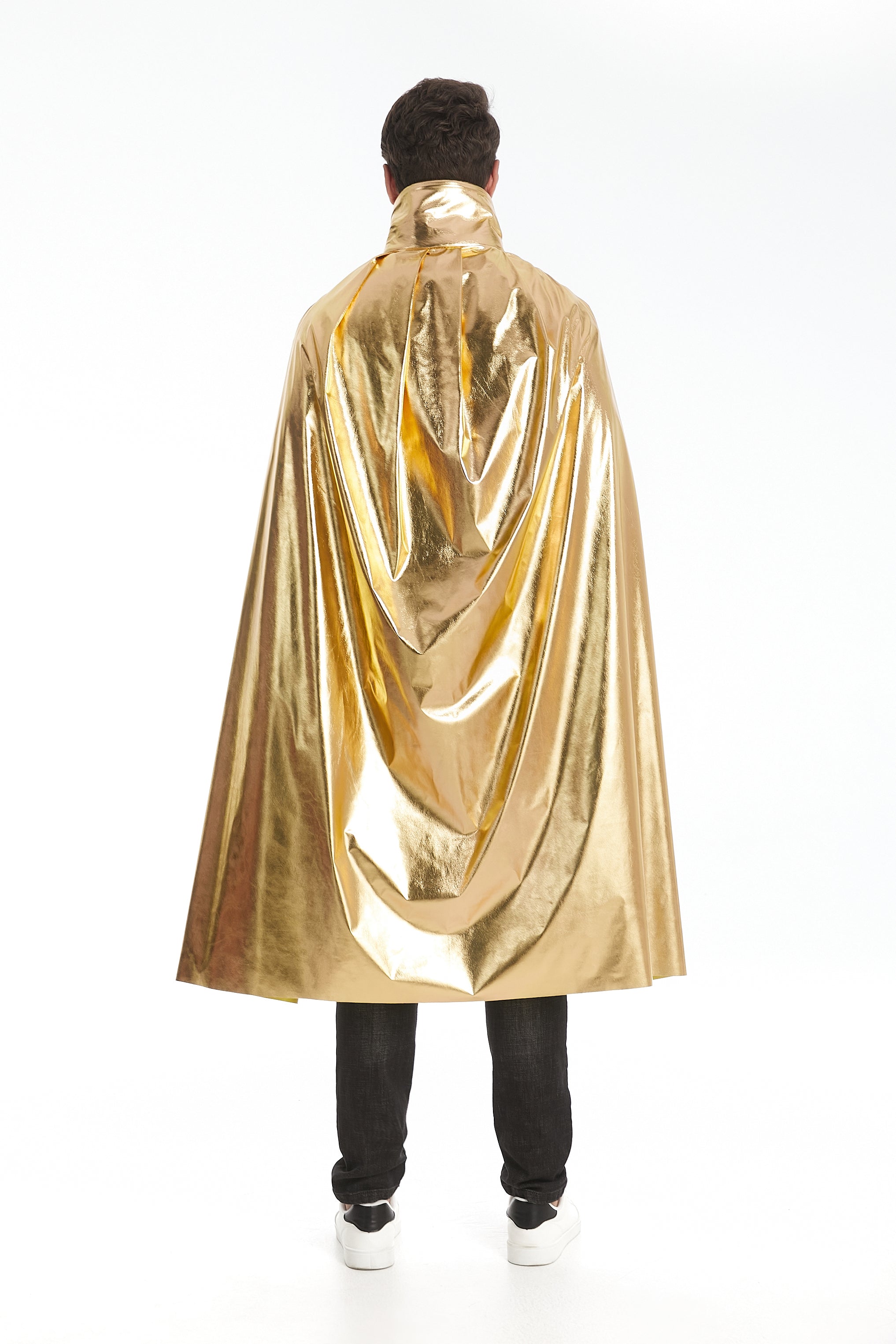 Custom Metallic Stand‑Up Collar Gold Cape With Neck Tie‑Strap 115‑155CM Shiny Cosplay Cloak For Men Warrior Royal Halloween Costume