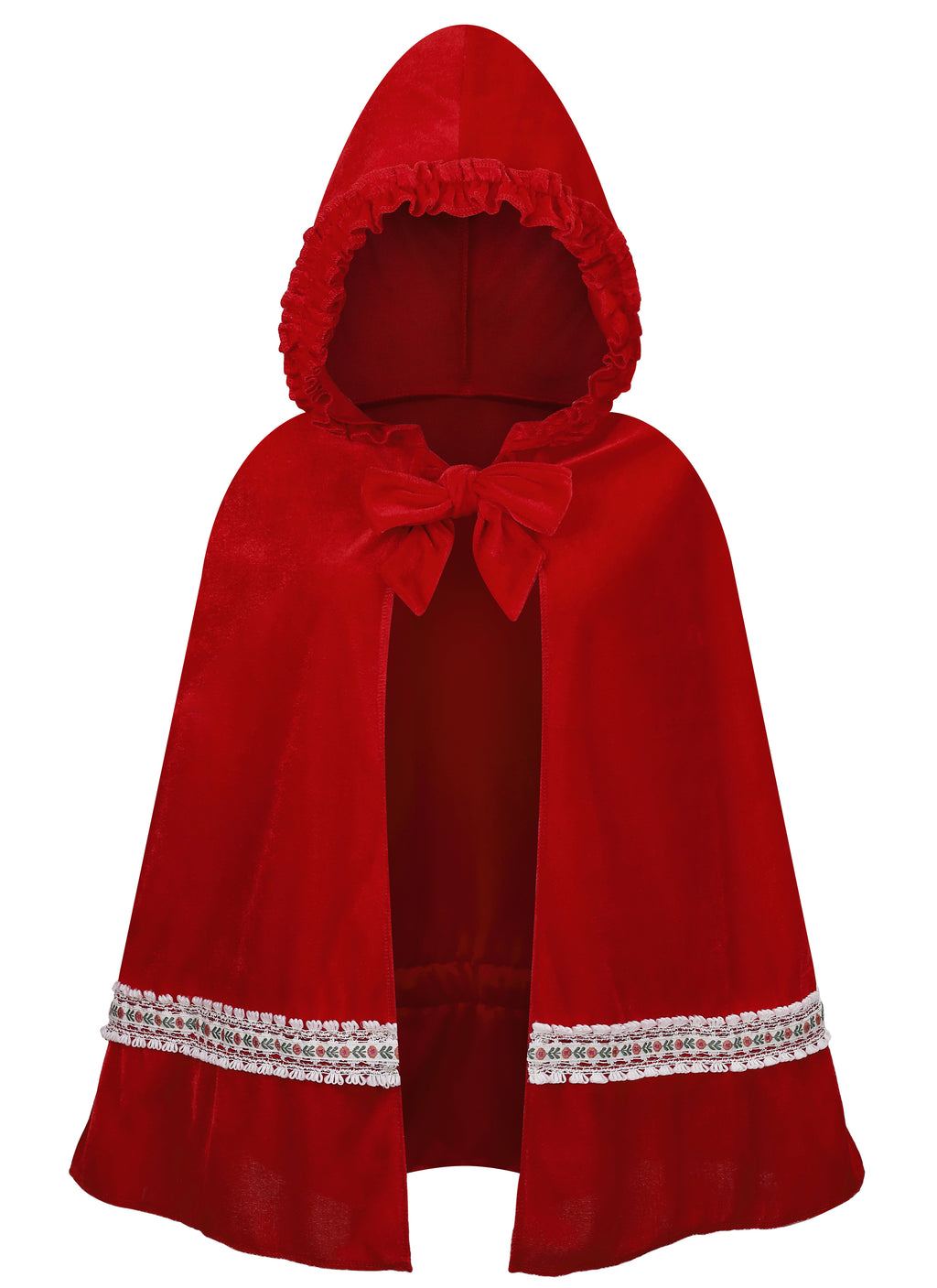 A red hooded cape with ruffled trim, a large bow at the neckline, and decorative silver rhinestone bands near the lower edges, shown on a plain white background.