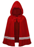 A red hooded cape with ruffled trim, a large bow at the neckline, and decorative silver rhinestone bands near the lower edges, shown on a plain white background.
