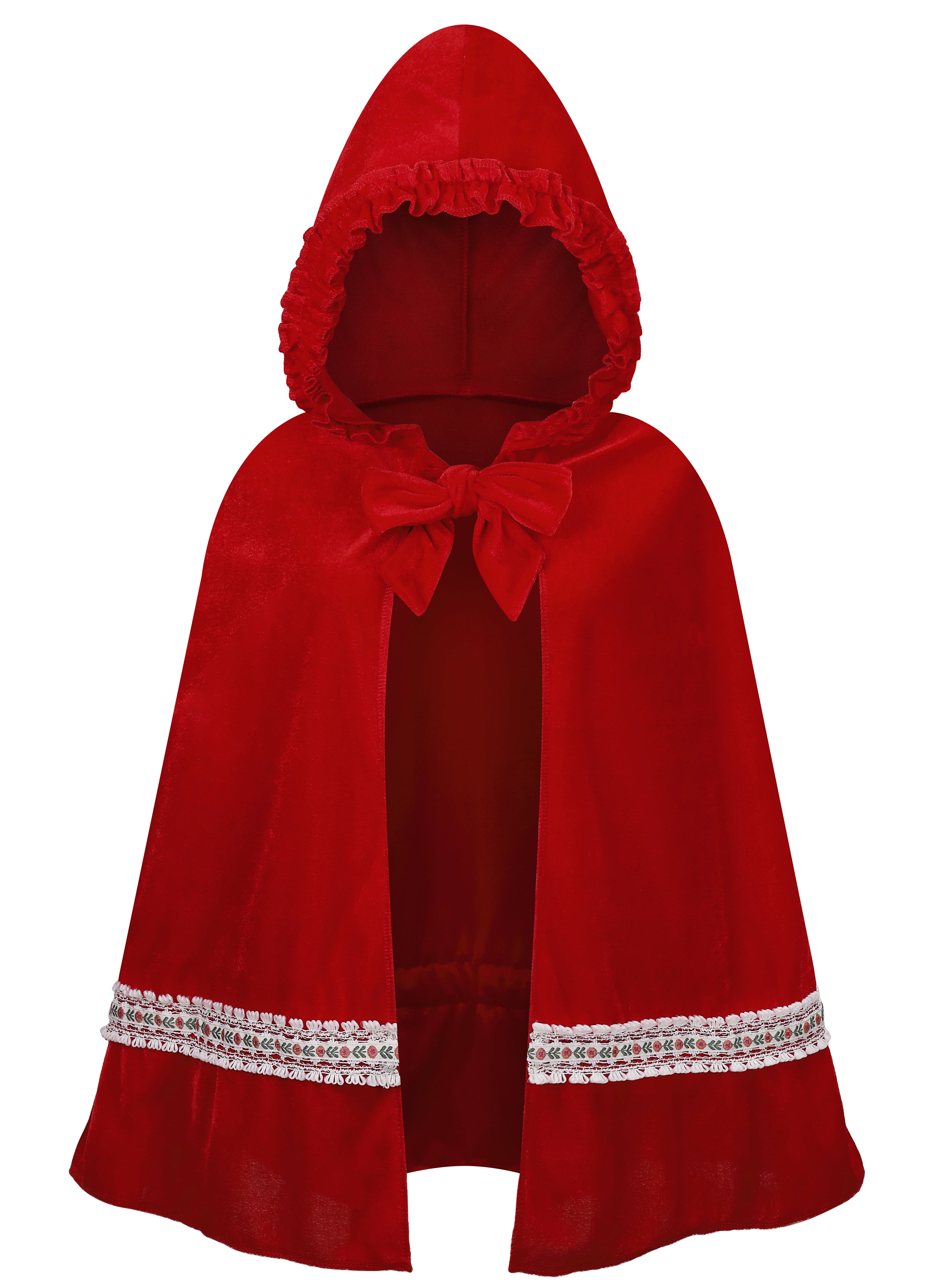 Adult Little Red Riding Hood Hooded Cape, Velvet Cloak With Woven Floral Lace Trim 60‑65‑70cm Shoulder‑to‑Hem for Fairy Tale Halloween Cosplay