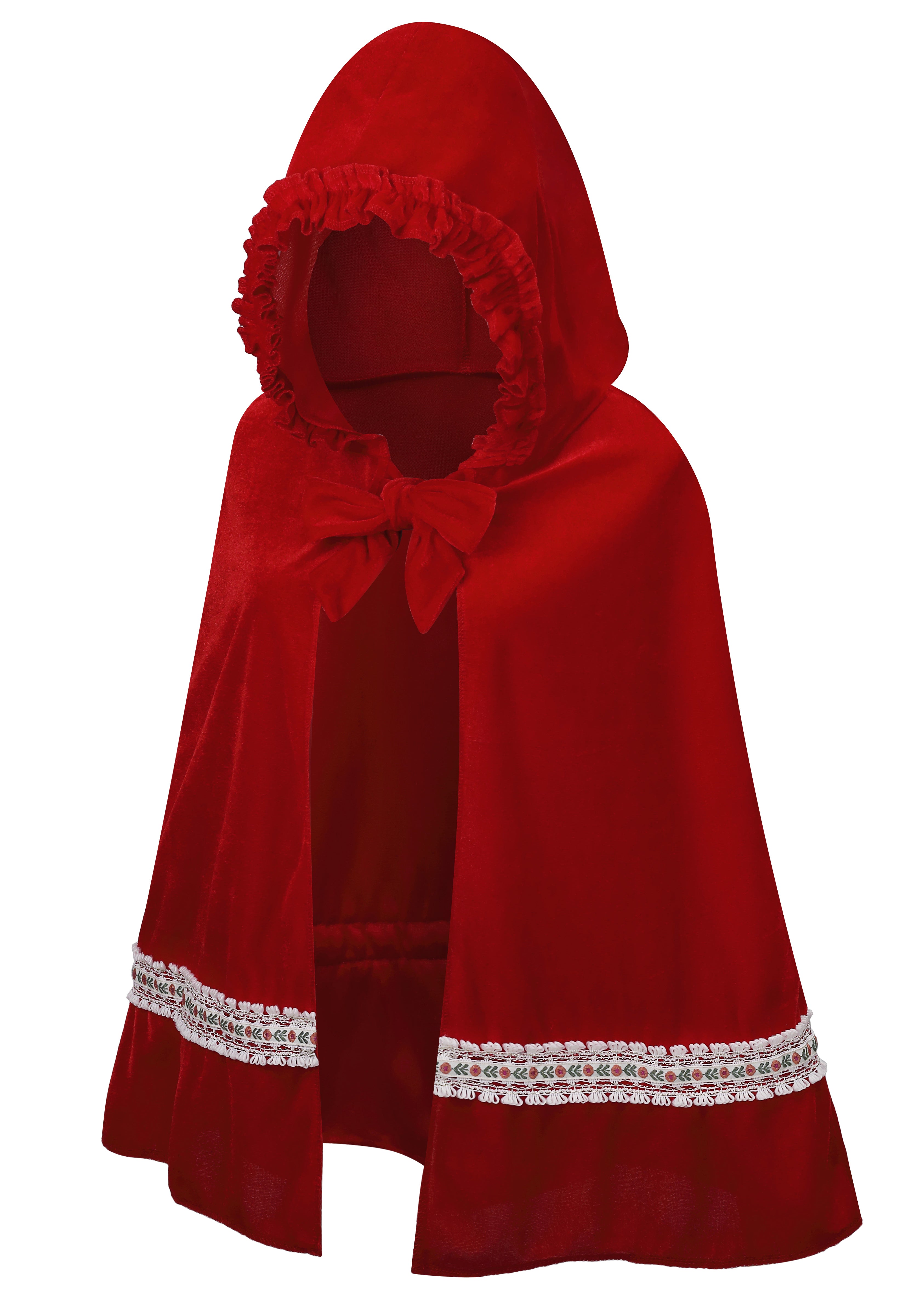 Adult Little Red Riding Hood Hooded Cape, Velvet Cloak With Woven Floral Lace Trim 60‑65‑70cm Shoulder‑to‑Hem for Fairy Tale Halloween Cosplay