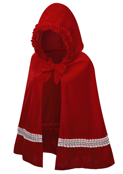 Adult Little Red Riding Hood Hooded Cape, Velvet Cloak With Woven Floral Lace Trim 60‑65‑70cm Shoulder‑to‑Hem for Fairy Tale Halloween Cosplay