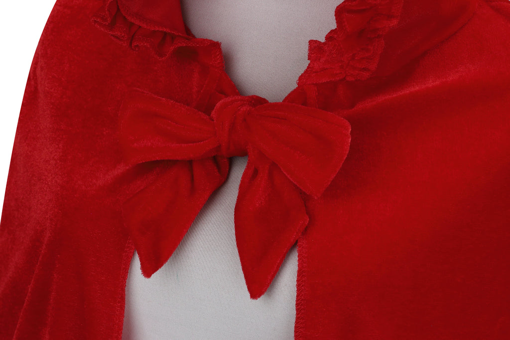 Adult Little Red Riding Hood Hooded Cape, Velvet Cloak With Woven Floral Lace Trim 60‑65‑70cm Shoulder‑to‑Hem for Fairy Tale Halloween Cosplay