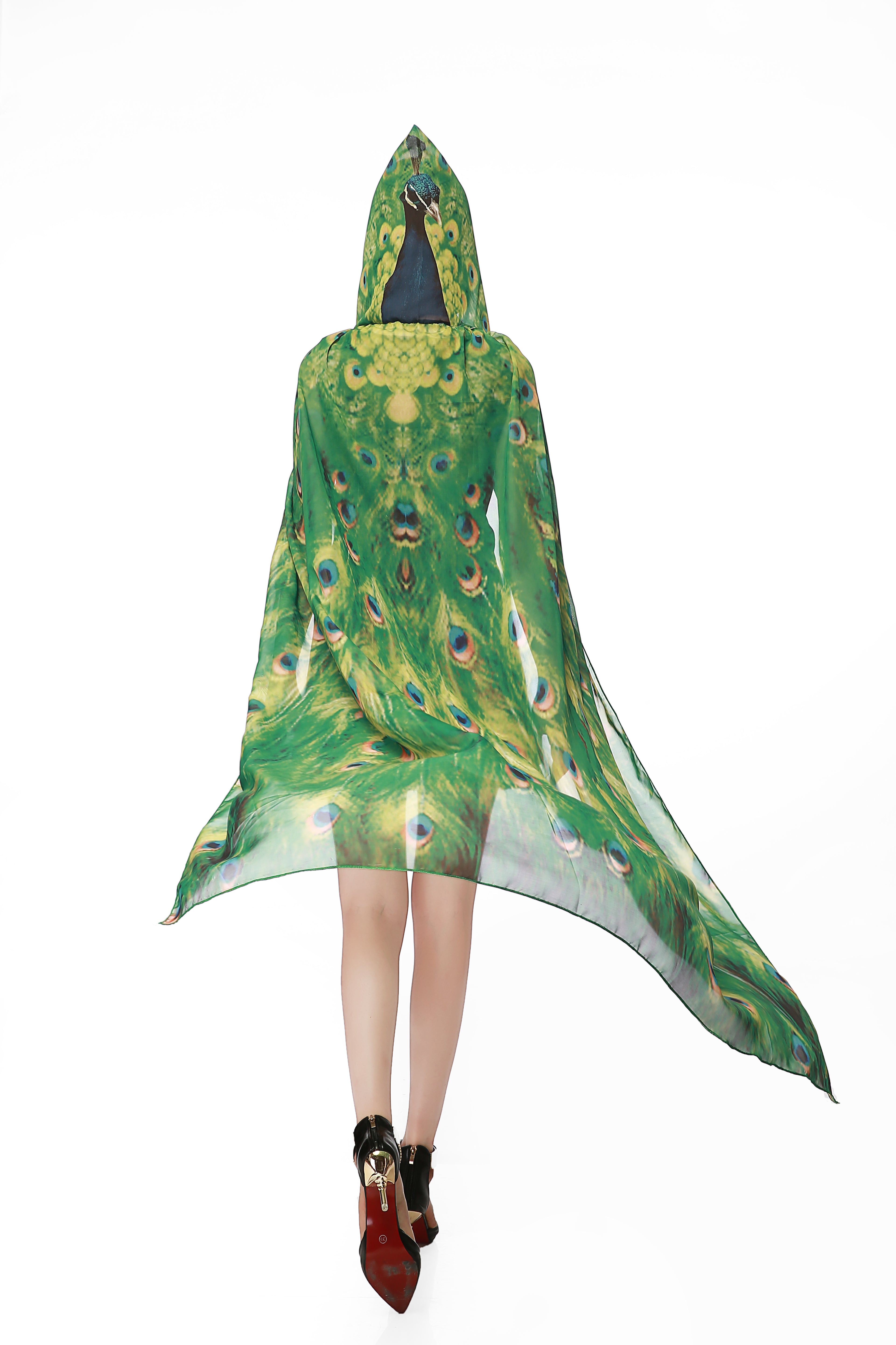 Adult Peacock Hooded Cape Green Chiffon Cloak 130CM Halloween Cosplay Party Costume for Women